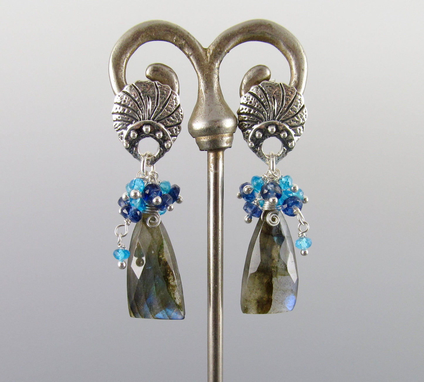 Blue labradorite earrings, handmade sterling silver earrings with apatite and deep blue kyanite-OOAK