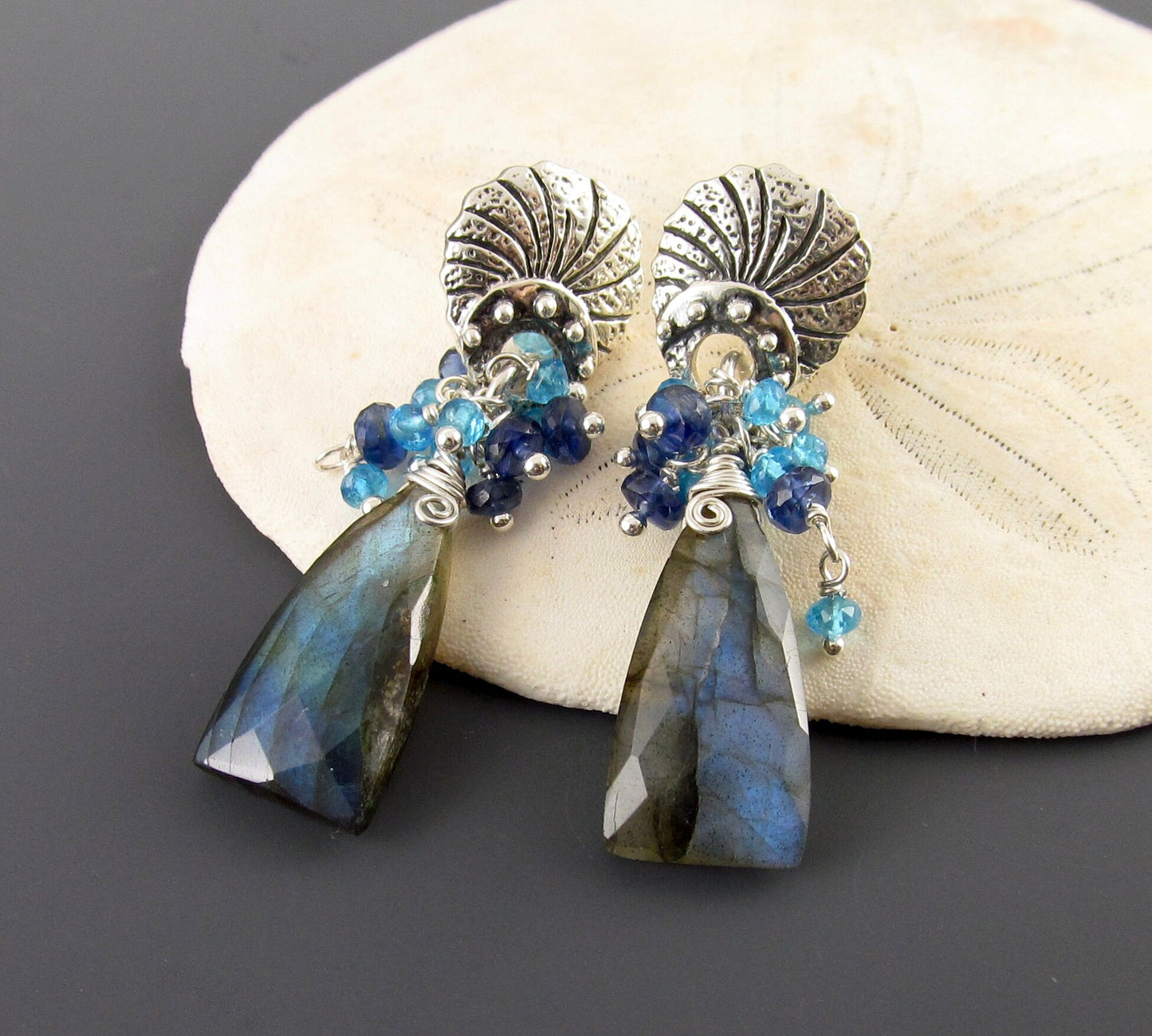 Blue labradorite earrings, handmade sterling silver earrings with apatite and deep blue kyanite-OOAK
