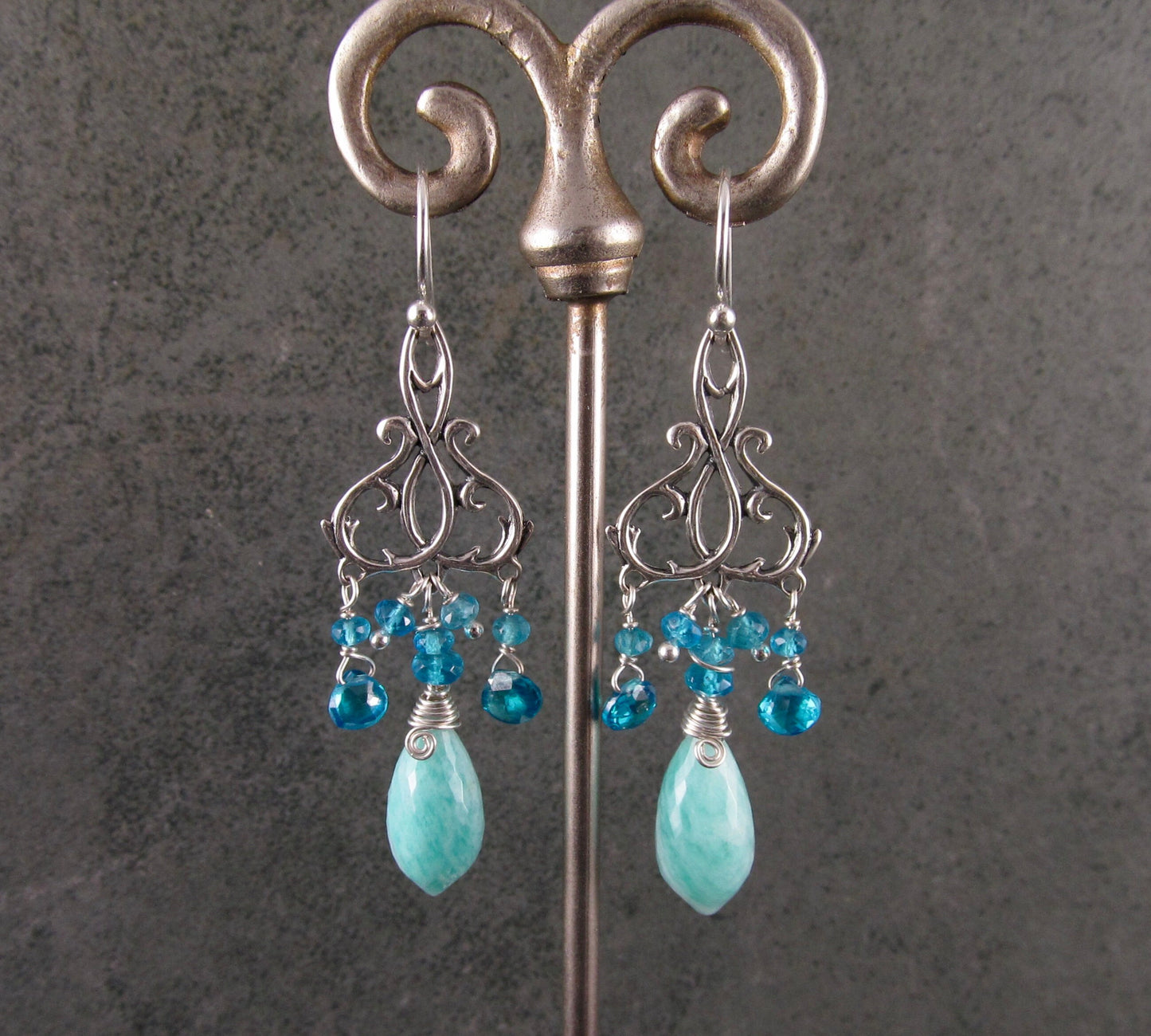 Blue gemstone chandelier earrings, handmade sterling silver apatite, and amazonite earrings-OOAK