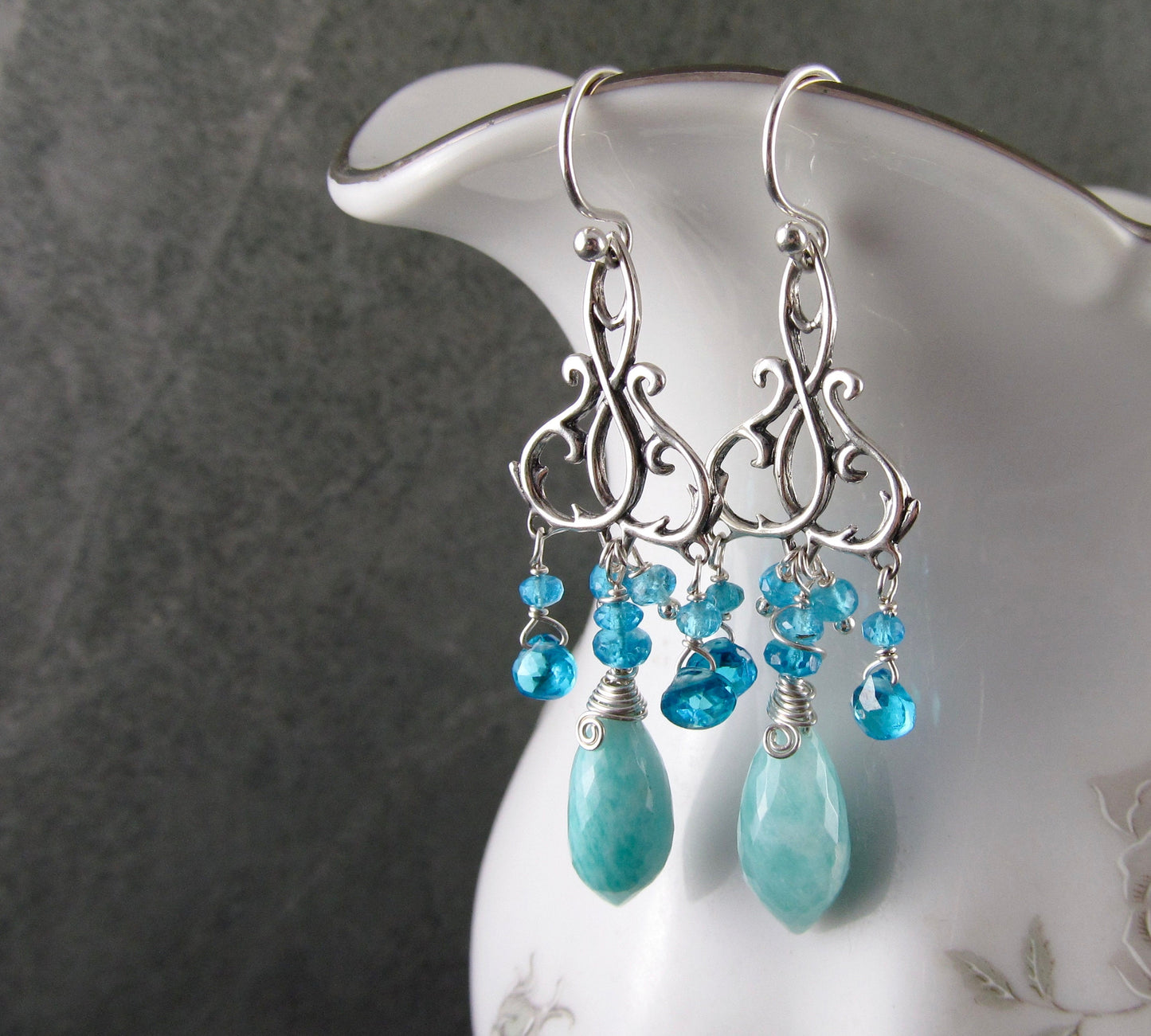Blue gemstone chandelier earrings, handmade sterling silver apatite, and amazonite earrings-OOAK