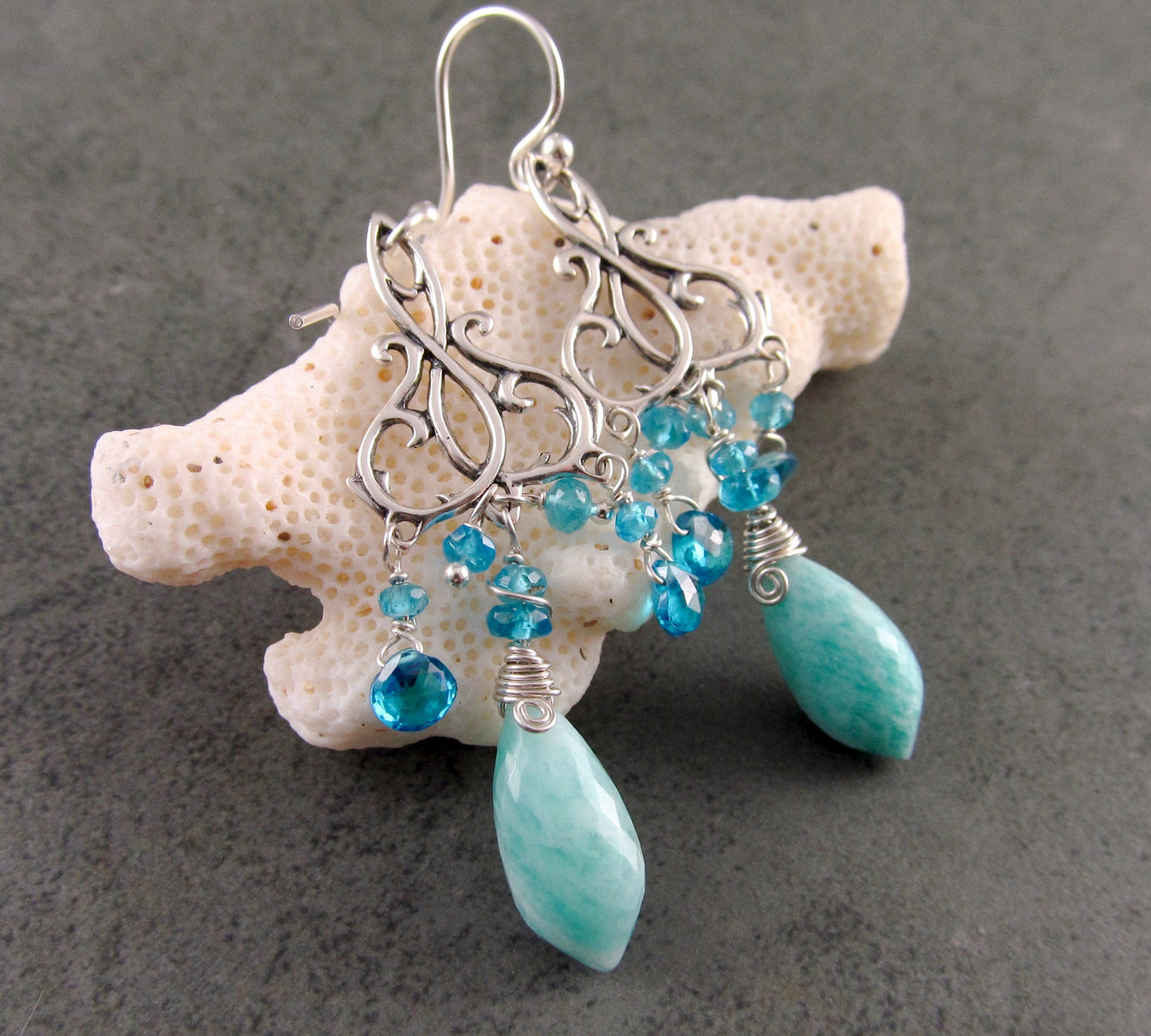 Blue gemstone chandelier earrings, handmade sterling silver apatite, and amazonite earrings-OOAK