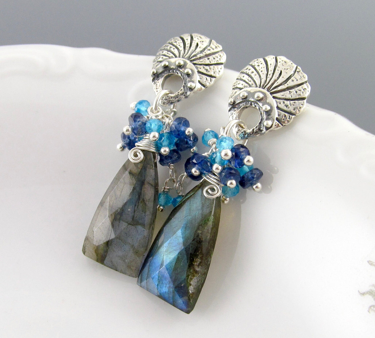 Blue labradorite earrings, handmade sterling silver earrings with apatite and deep blue kyanite-OOAK