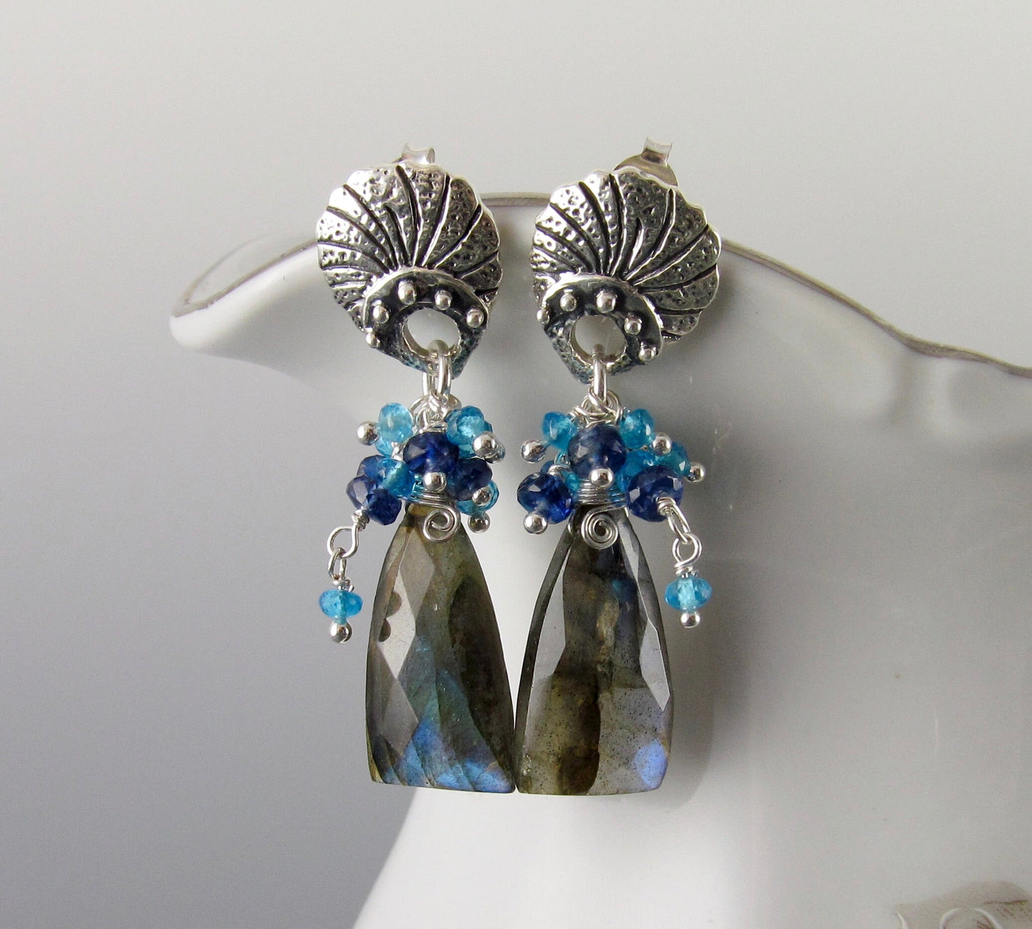Blue labradorite earrings, handmade sterling silver earrings with apatite and deep blue kyanite-OOAK