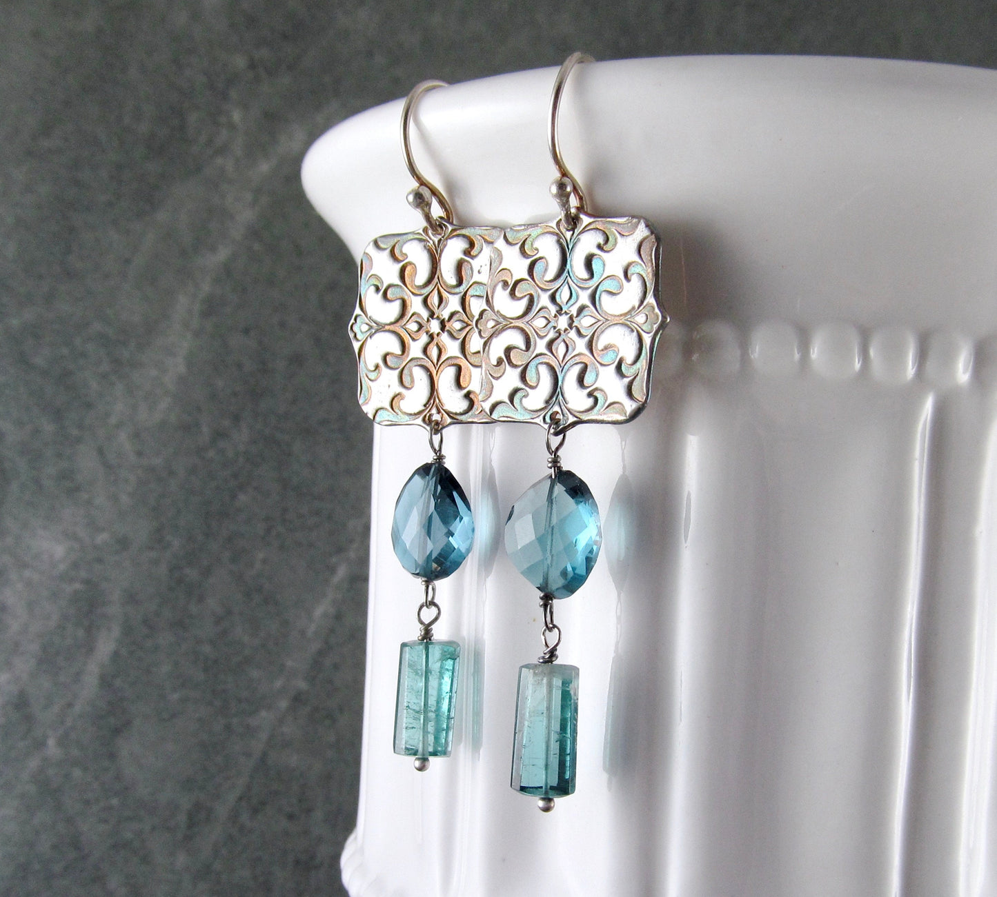 London blue topaz tassel earrings, handmade recycled fine silver Victorian ceiling tile earrings with Paraiba blue tourmaline-OOAK