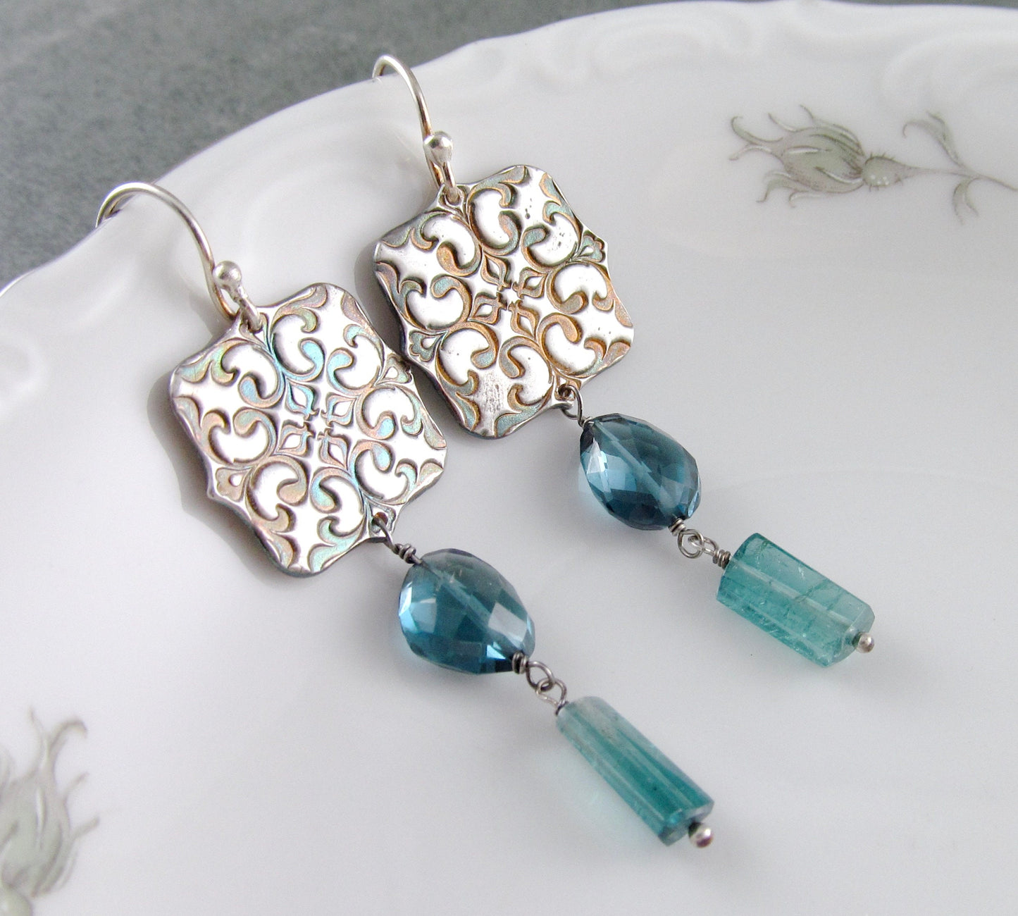 London blue topaz tassel earrings, handmade recycled fine silver Victorian ceiling tile earrings with Paraiba blue tourmaline-OOAK