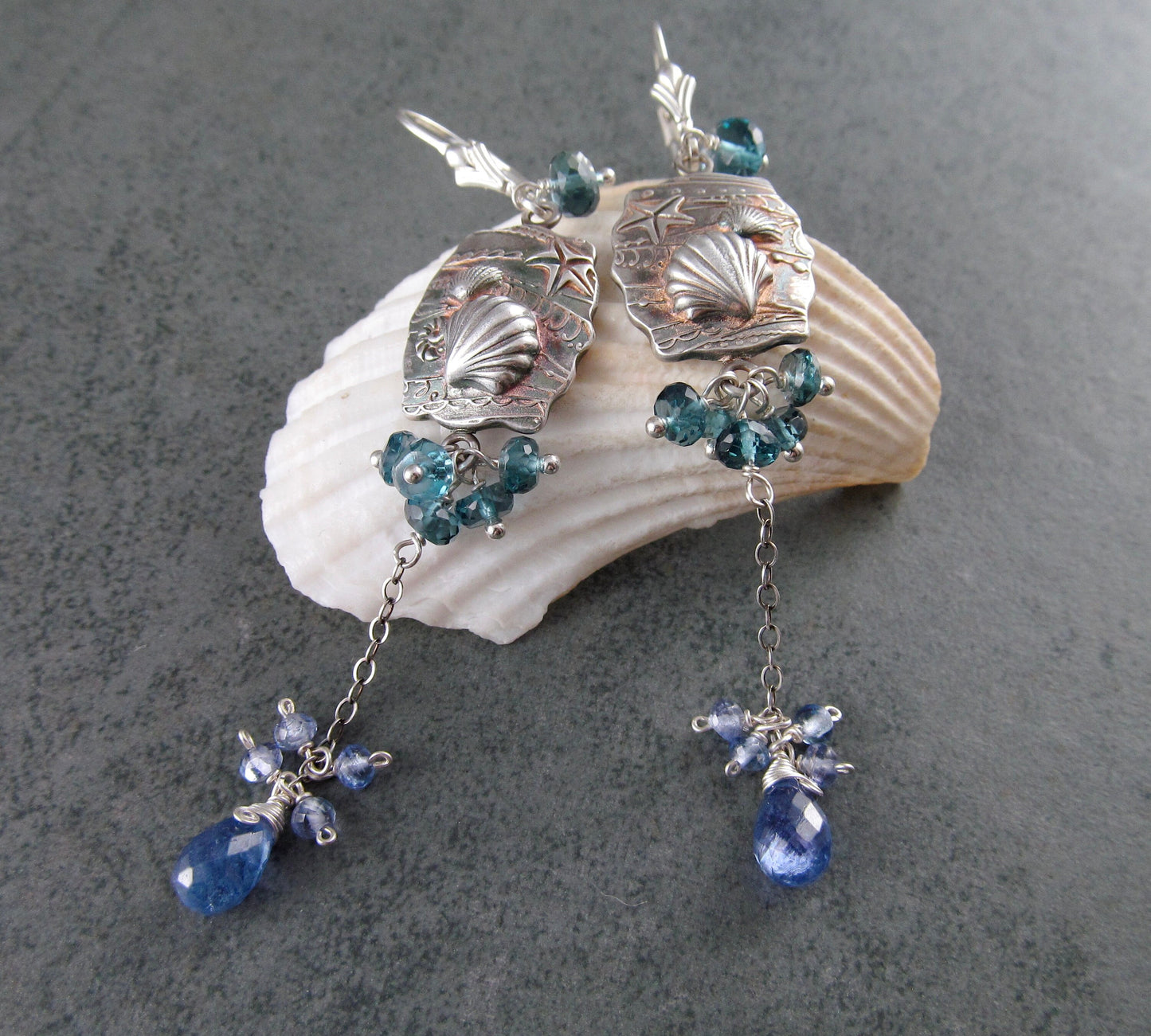 Seascape earrings, handmade recycled fine silver shell earrings with London blue topaz & tanzanite-OOAK beach earrings