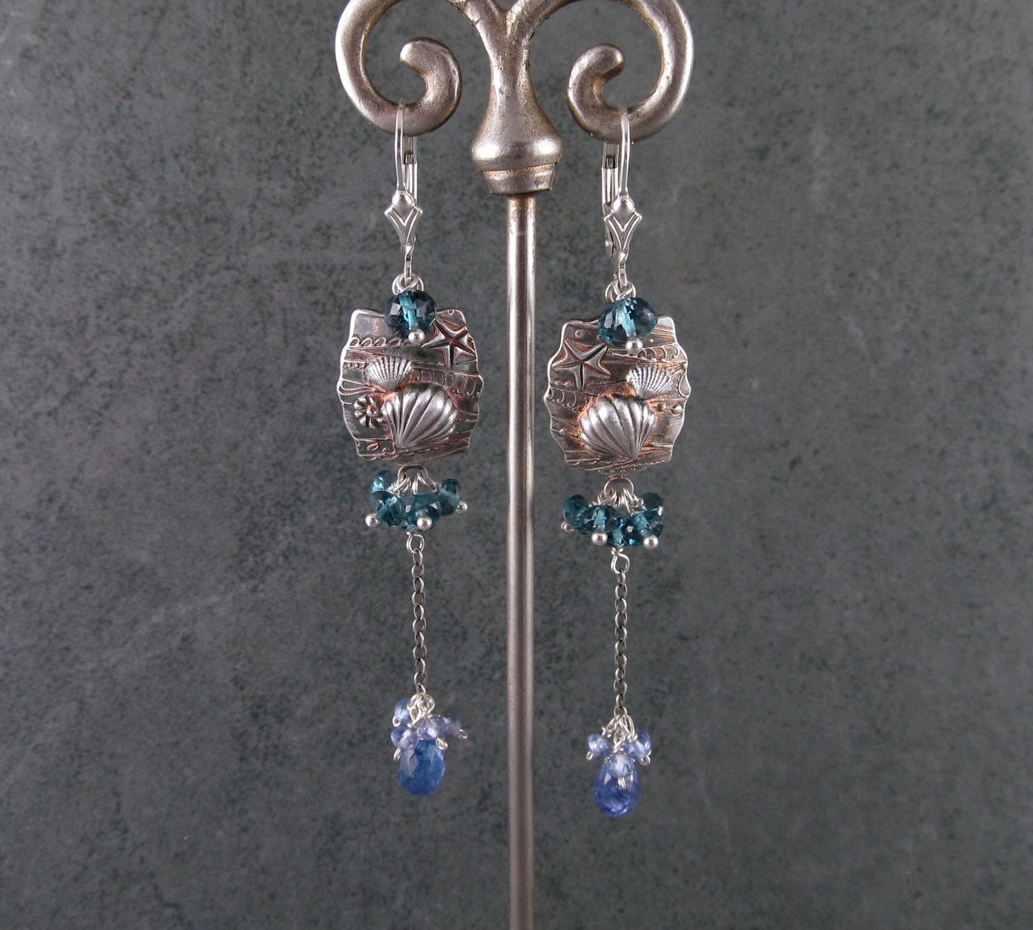 Seascape earrings, handmade recycled fine silver shell earrings with London blue topaz & tanzanite-OOAK beach earrings
