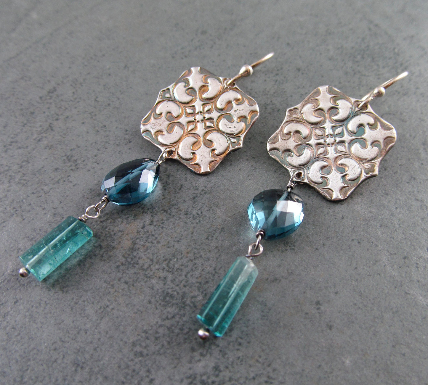 London blue topaz tassel earrings, handmade recycled fine silver Victorian ceiling tile earrings with Paraiba blue tourmaline-OOAK