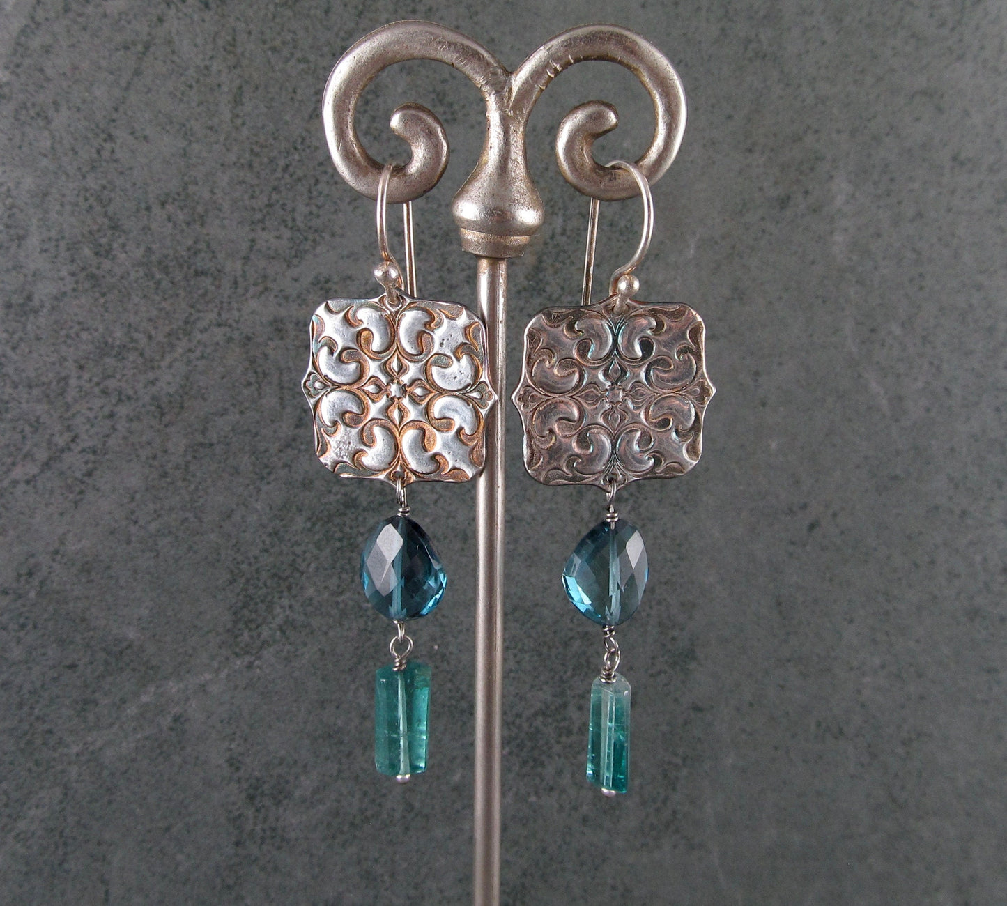 London blue topaz tassel earrings, handmade recycled fine silver Victorian ceiling tile earrings with Paraiba blue tourmaline-OOAK