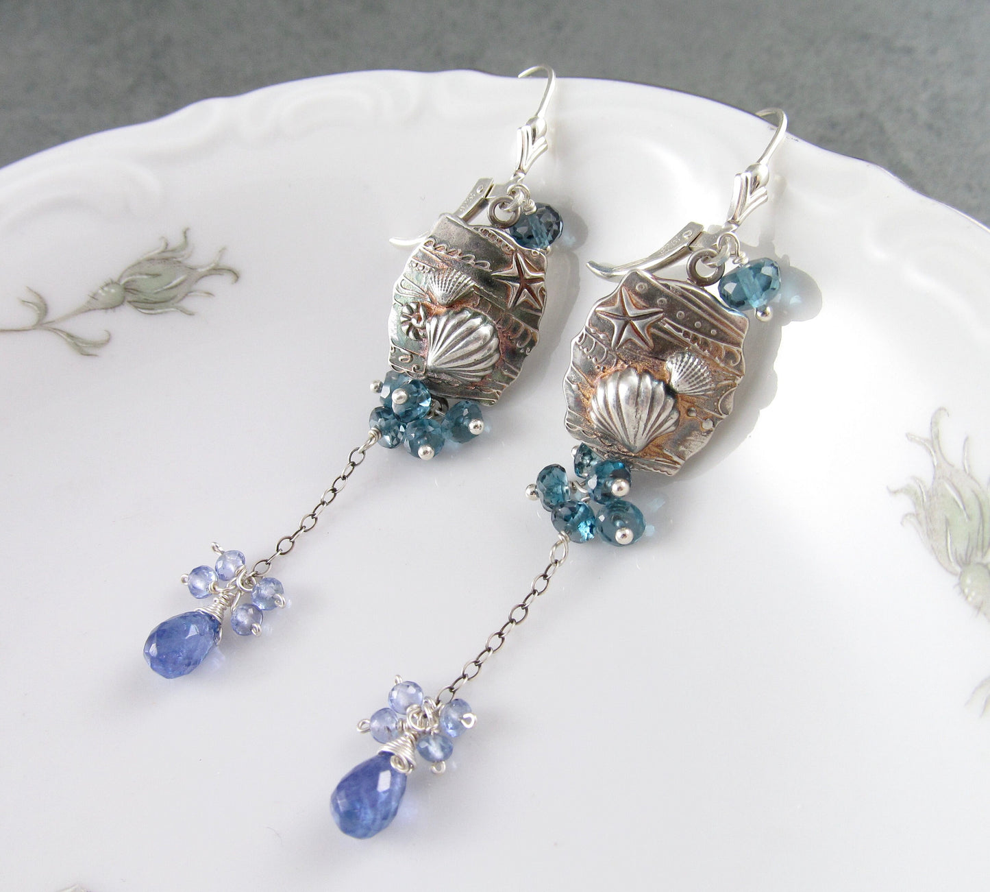 Seascape earrings, handmade recycled fine silver shell earrings with London blue topaz & tanzanite-OOAK beach earrings