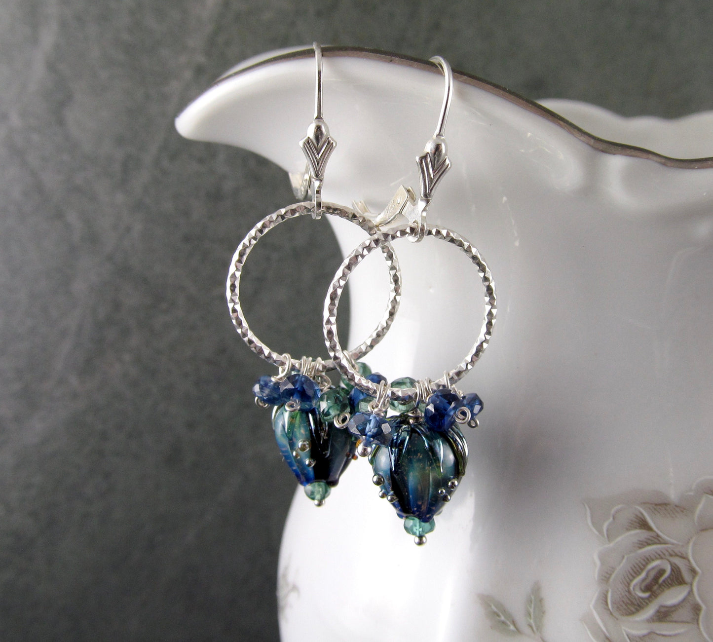 Bluebell earrings, handmade sterling silver, borosilicate glass flower, kyanite and green apatite earrings-OOAK