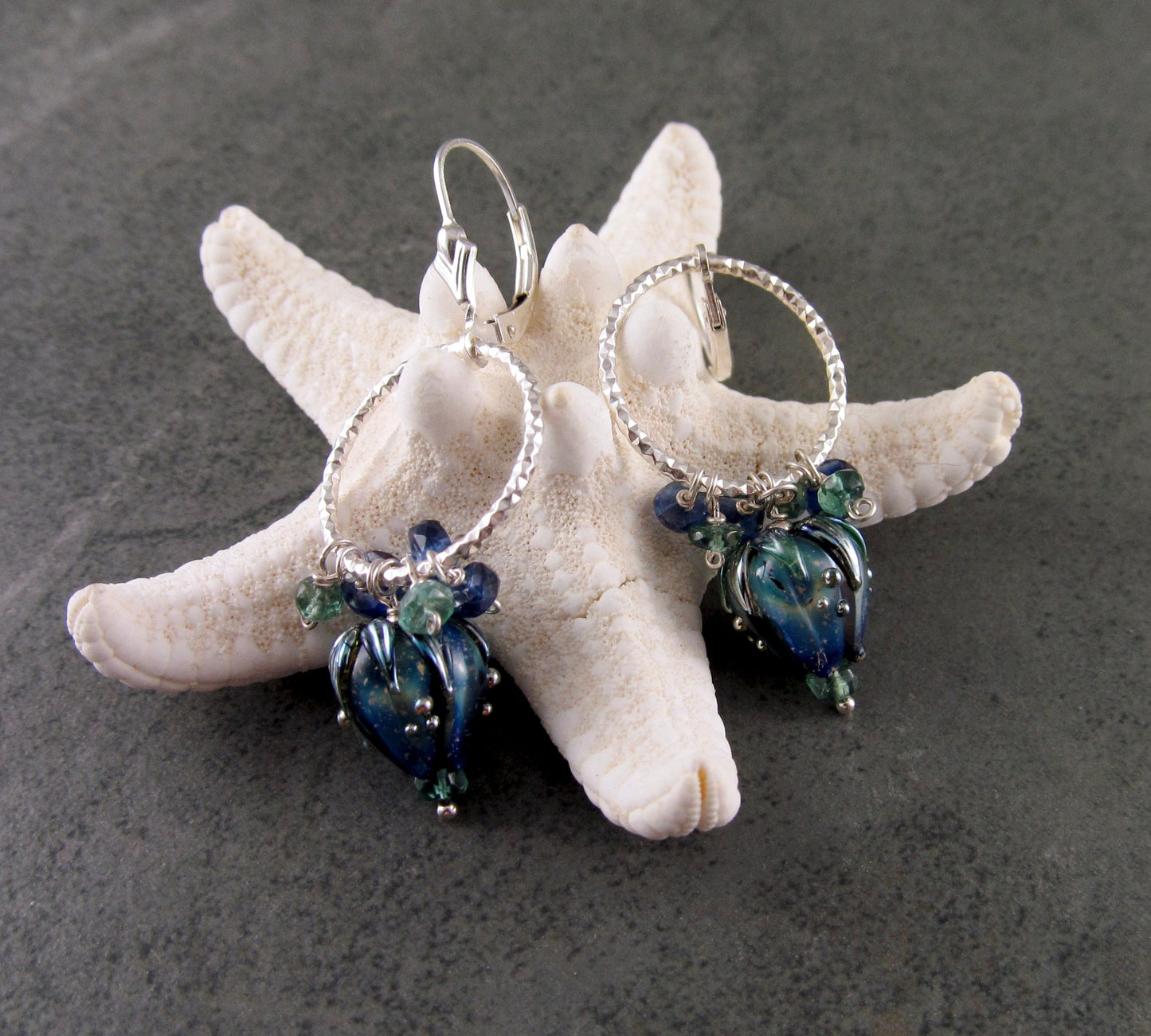Bluebell earrings, handmade sterling silver, borosilicate glass flower, kyanite and green apatite earrings-OOAK