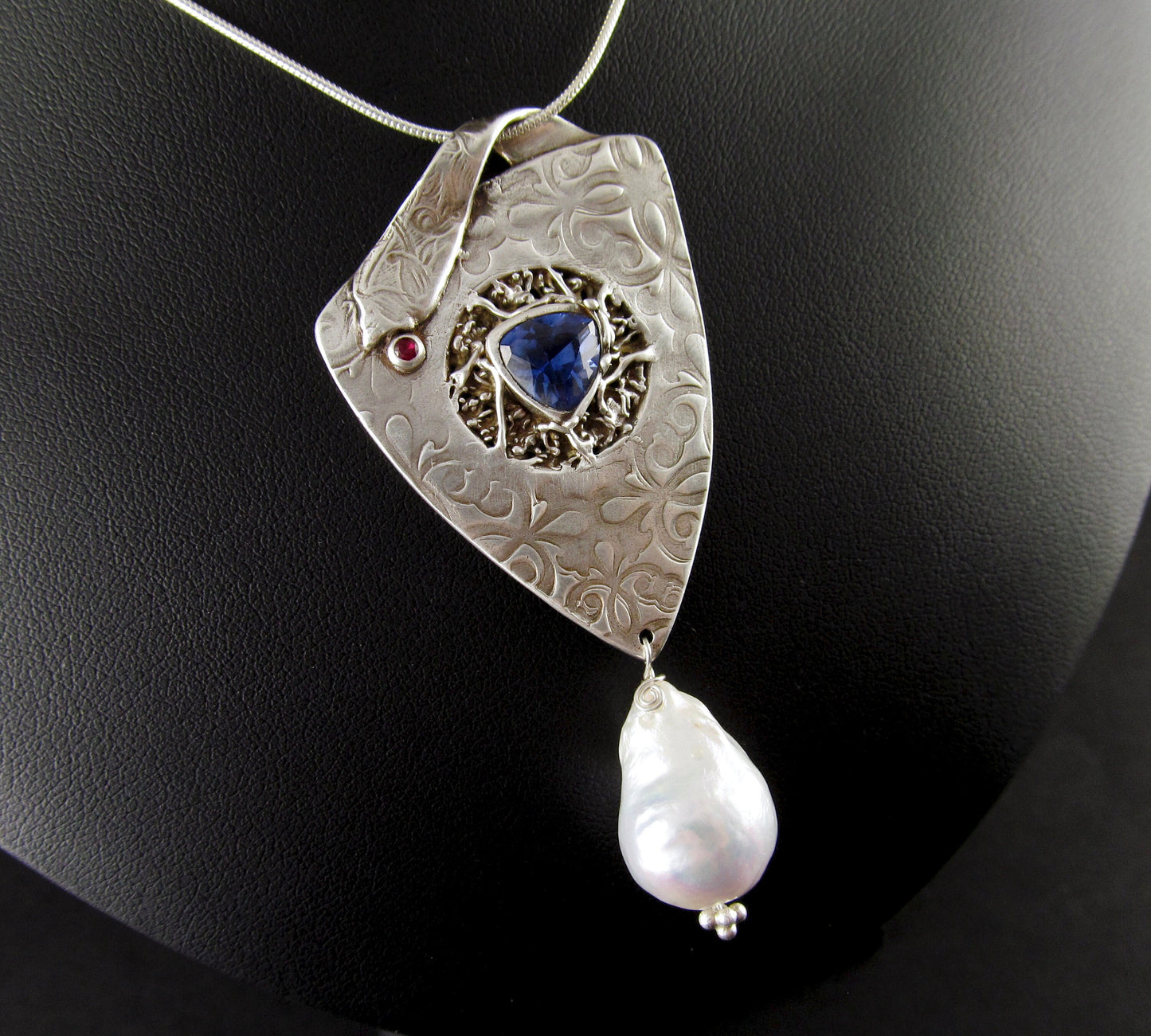 Sapphire shield pendant, handmade eco friendly fine silver, blue sapphire, ruby and pearl necklace-OOAK Red, White and Blue