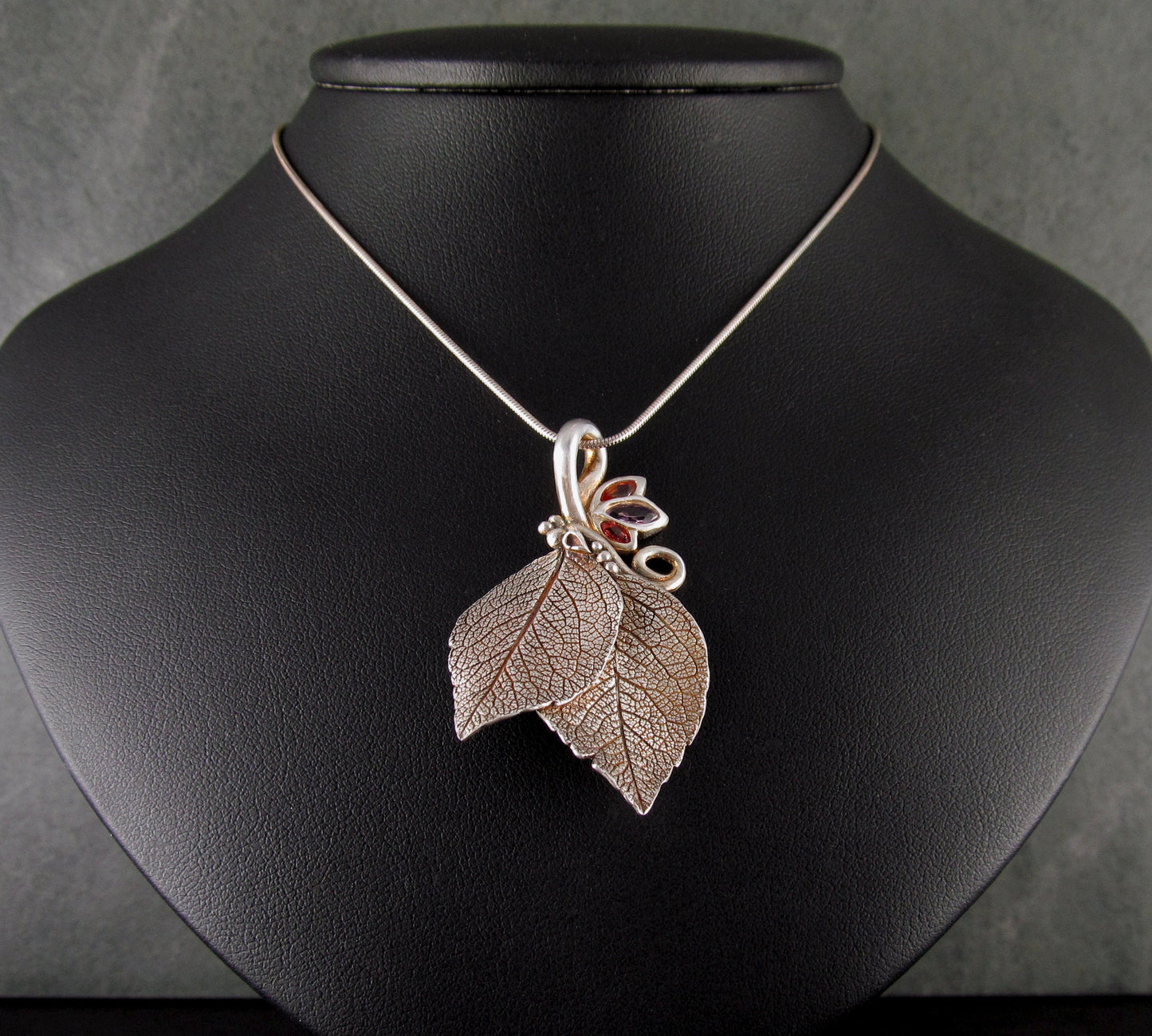 Double leaf pendant, recycled fine silver and Songea sapphire pendant-OOAK Sunset Spring