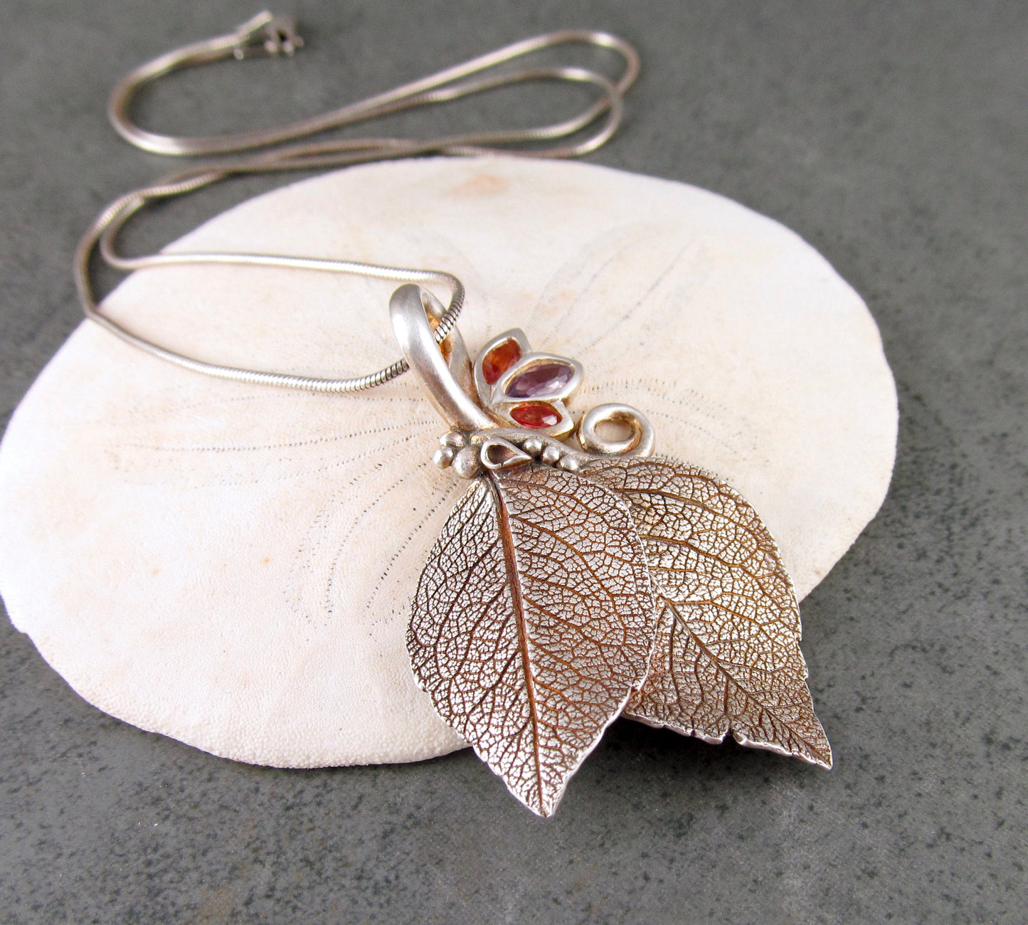 Double leaf pendant, recycled fine silver and Songea sapphire pendant-OOAK Sunset Spring