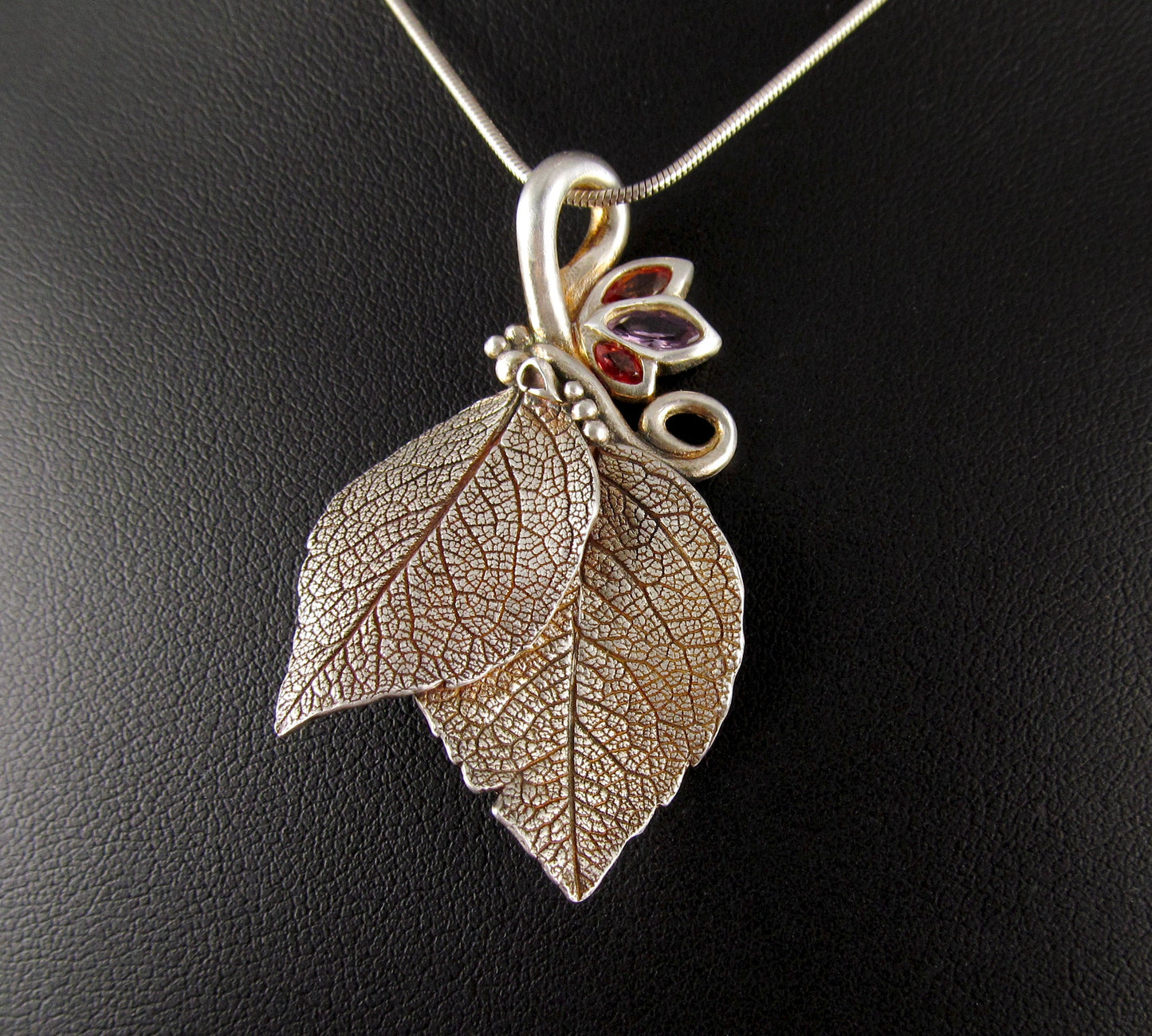 Double leaf pendant, recycled fine silver and Songea sapphire pendant-OOAK Sunset Spring