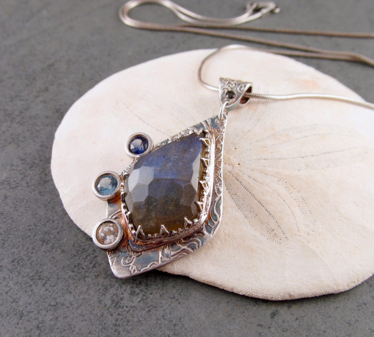 Blue labradorite pendant with sapphire, spinel and topaz, handmade recycled fine silver-OOAK