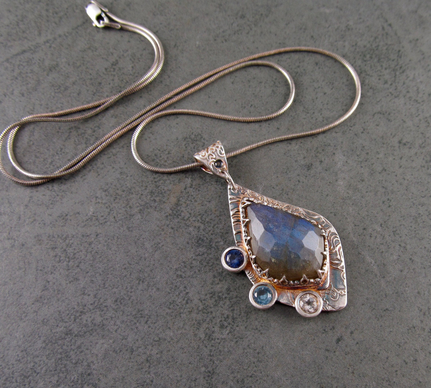 Blue labradorite pendant with sapphire, spinel and topaz, handmade recycled fine silver-OOAK