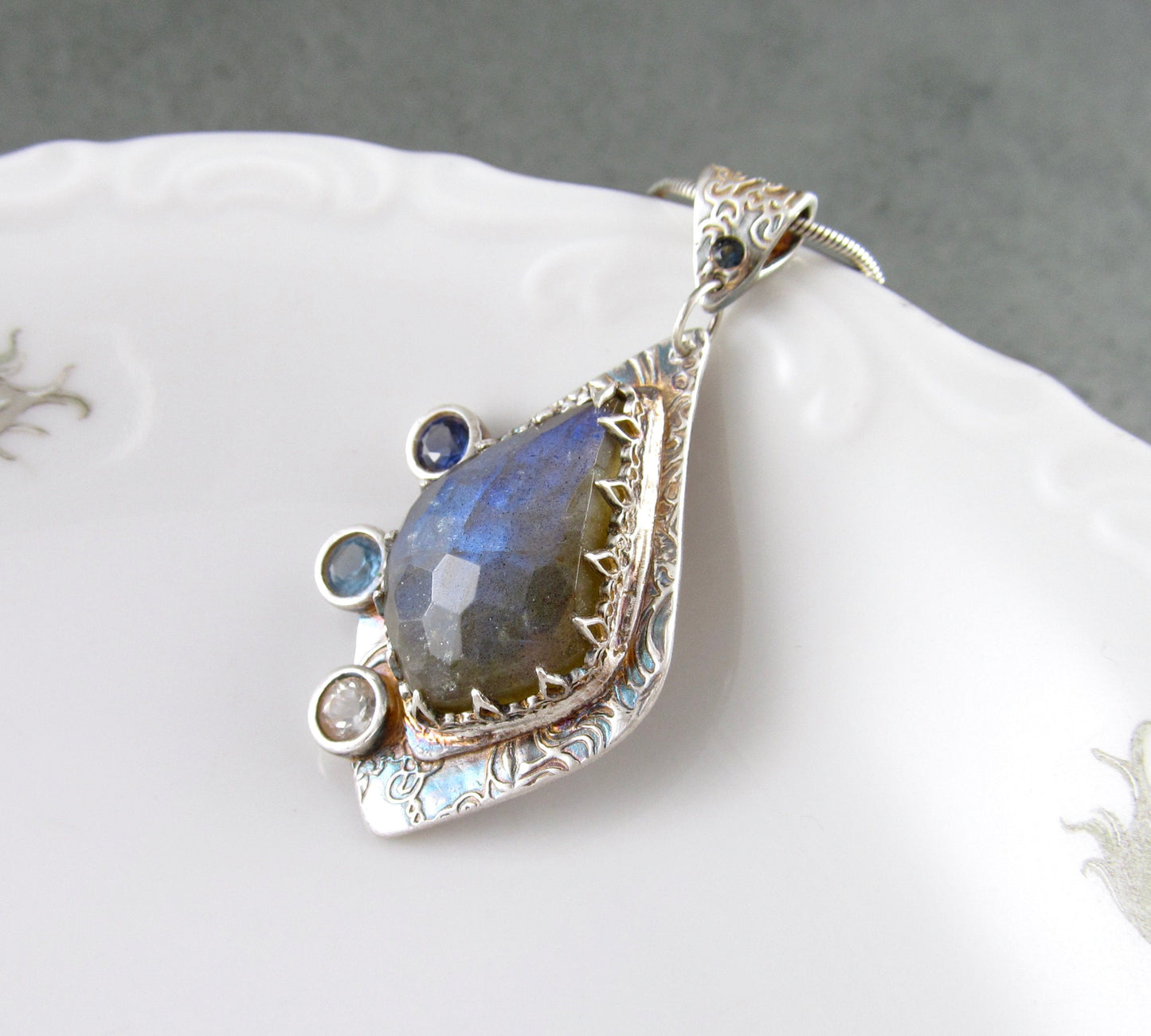 Blue labradorite pendant with sapphire, spinel and topaz, handmade recycled fine silver-OOAK