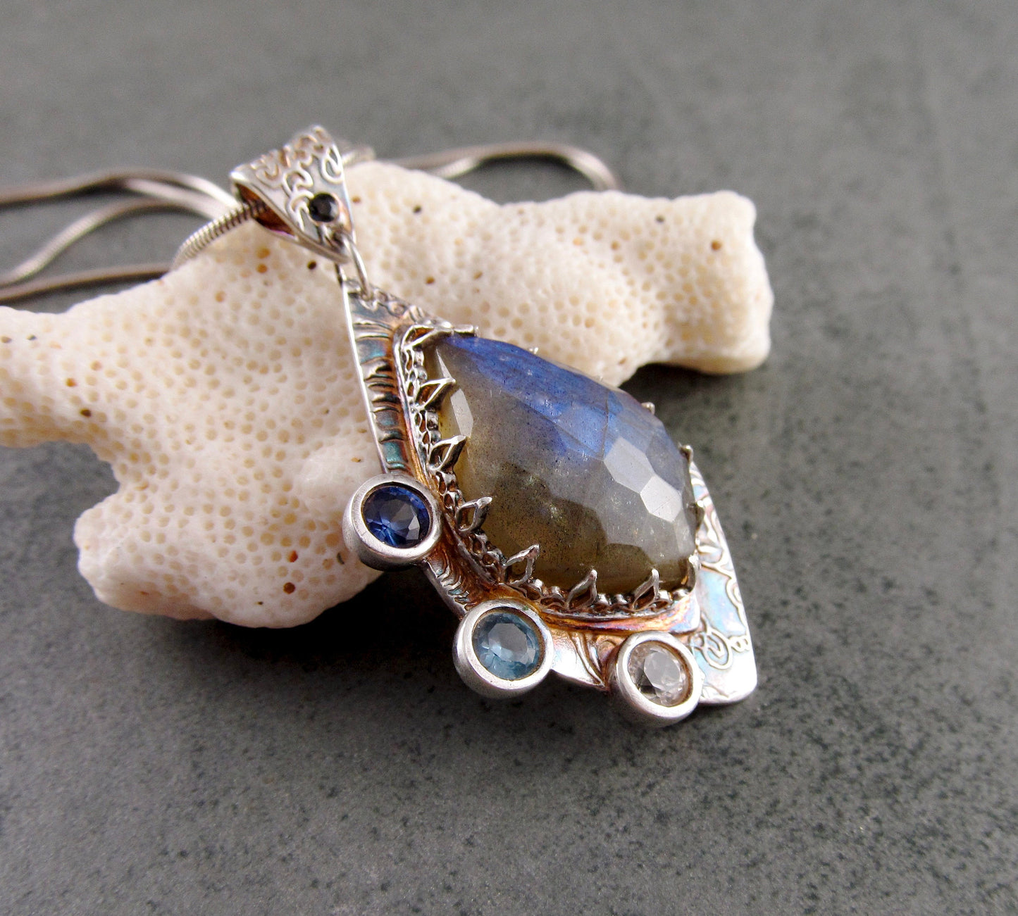 Blue labradorite pendant with sapphire, spinel and topaz, handmade recycled fine silver-OOAK