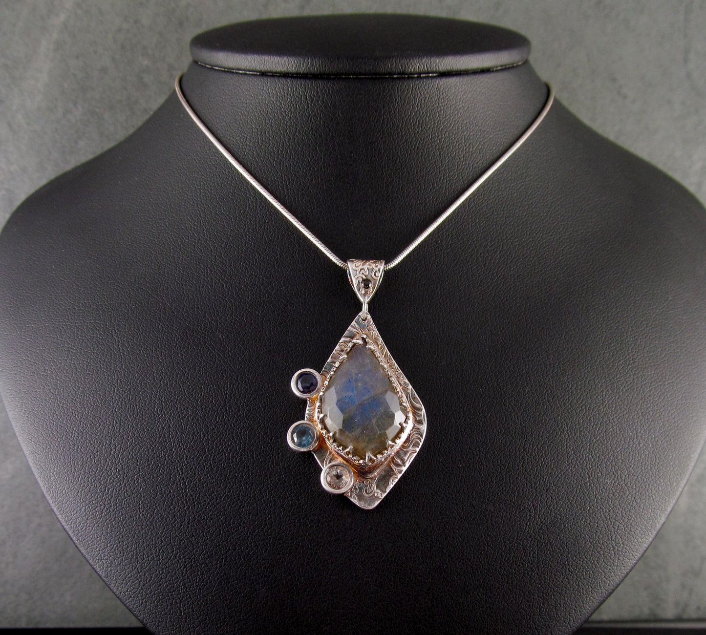 Blue labradorite pendant with sapphire, spinel and topaz, handmade recycled fine silver-OOAK