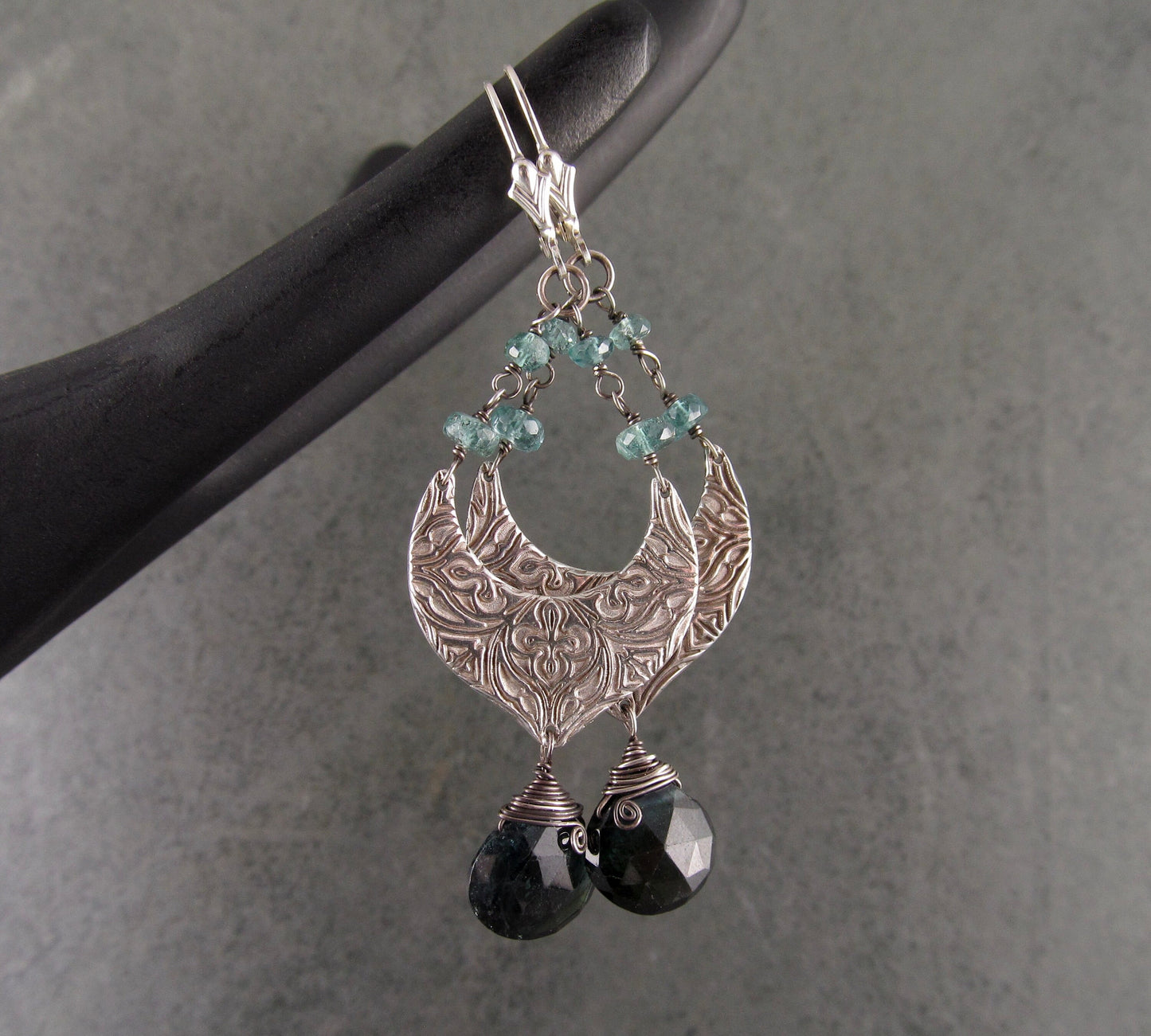 Blue tourmaline chandelier earrings, handmade eco friendly fine silver earrings-OOAK