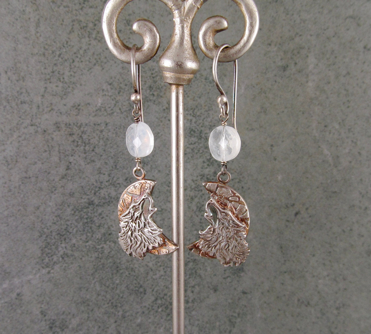 Howling wolf earrings, handmade recycled fine silver, moonstone earrings-OOAK