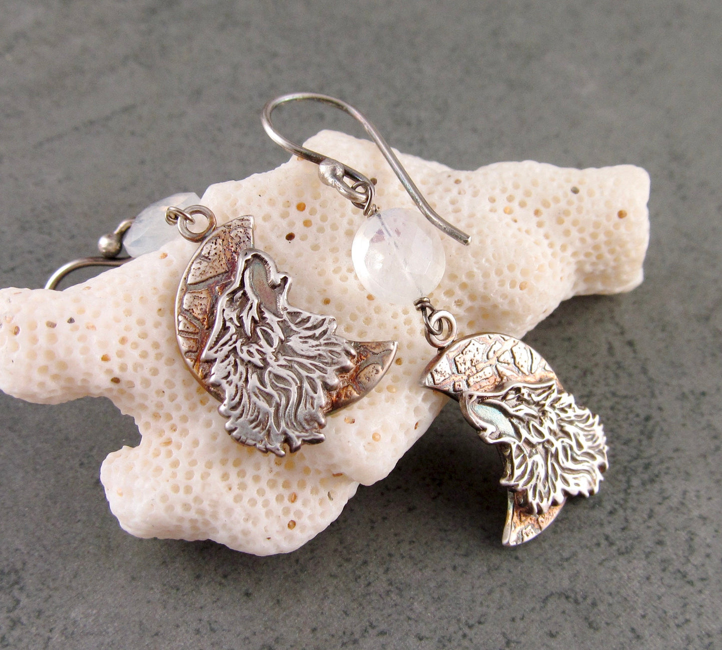 Howling wolf earrings, handmade recycled fine silver, moonstone earrings-OOAK