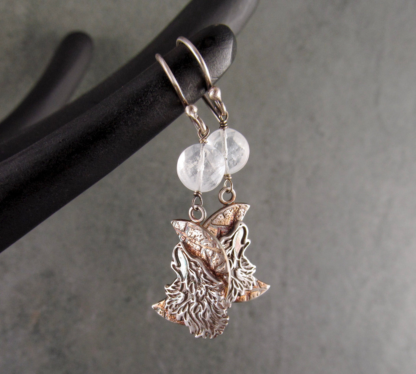 Howling wolf earrings, handmade recycled fine silver, moonstone earrings-OOAK