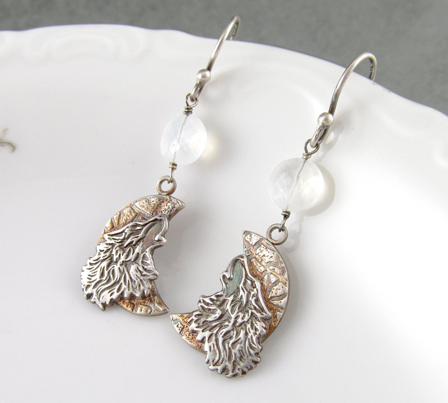 Howling wolf earrings, handmade recycled fine silver, moonstone earrings-OOAK