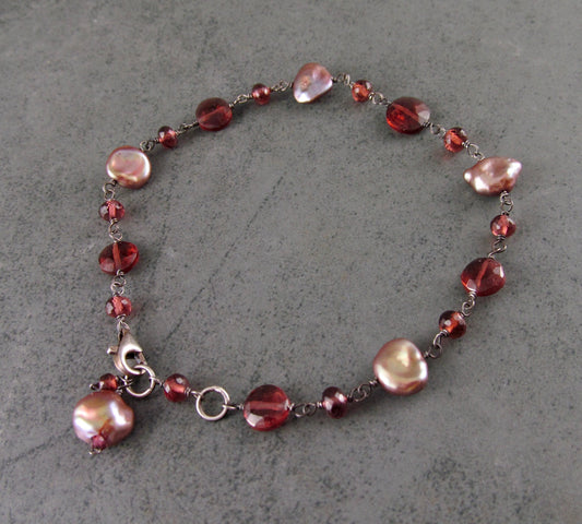 Garnet and pearl bracelet, handmade oxidized sterling silver bracelet-OOAK
