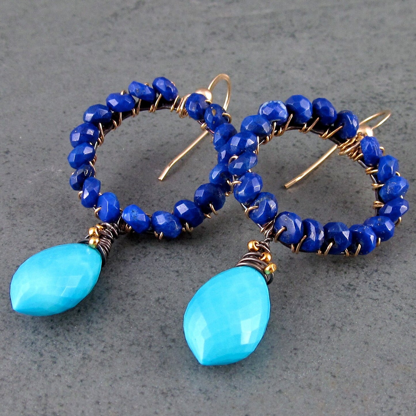 Lapis earrings, handmade mixed metal, turquoise earrings-OOAK