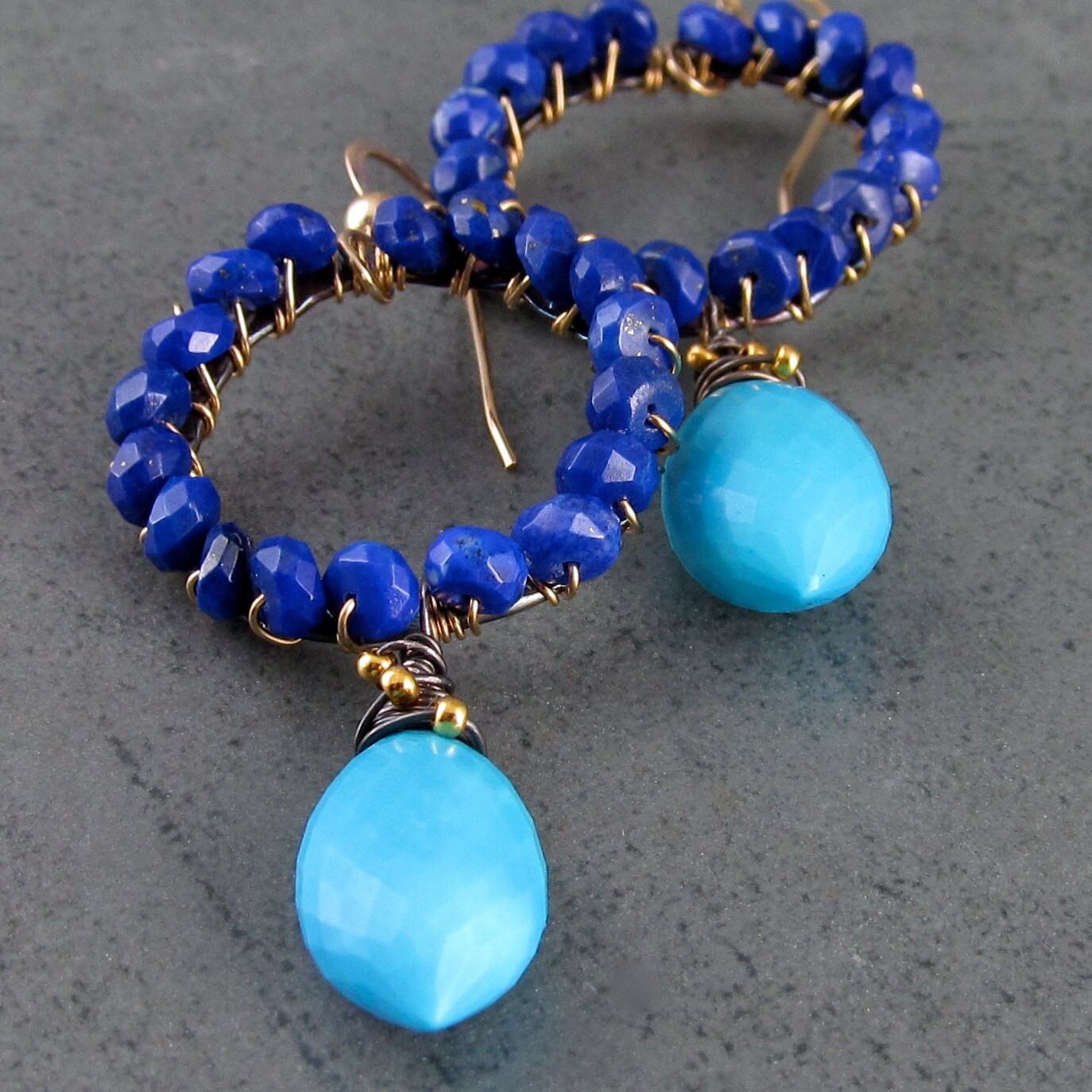 Lapis earrings, handmade mixed metal, turquoise earrings-OOAK