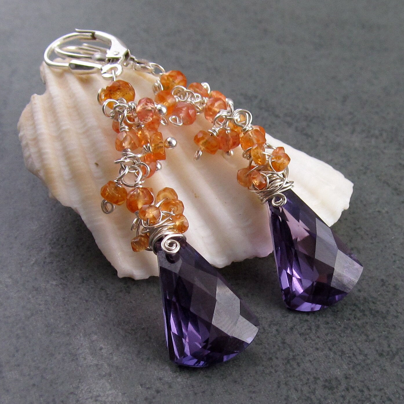 Alexandrite earrings with orange padparadscha sapphire, handmade sterling silver earrings