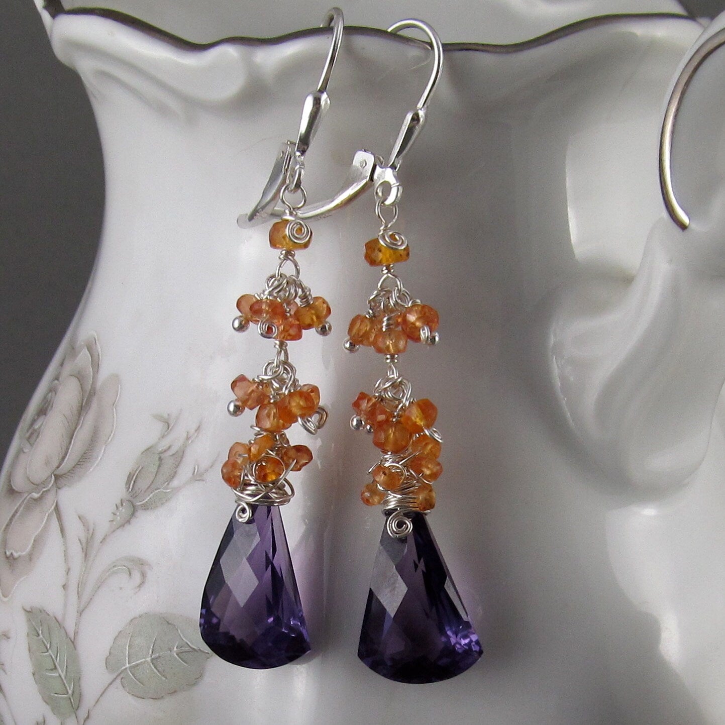 Alexandrite earrings with orange padparadscha sapphire, handmade sterling silver earrings