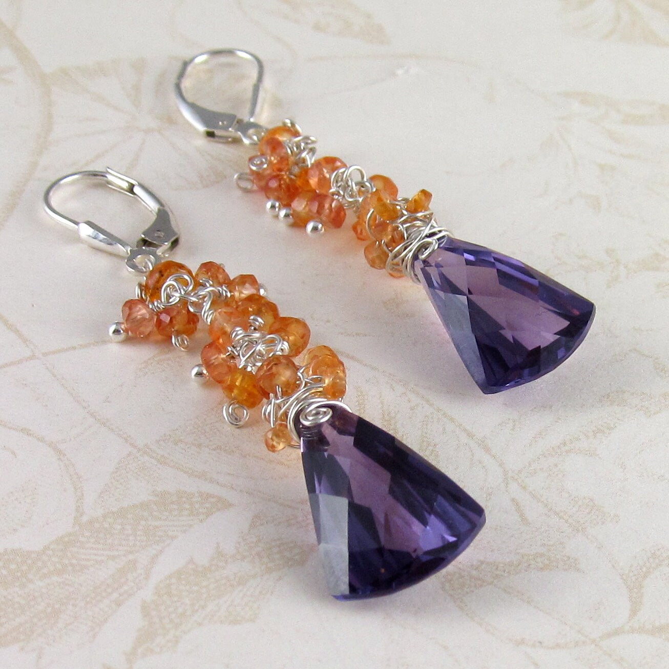 Alexandrite earrings with orange padparadscha sapphire, handmade sterling silver earrings