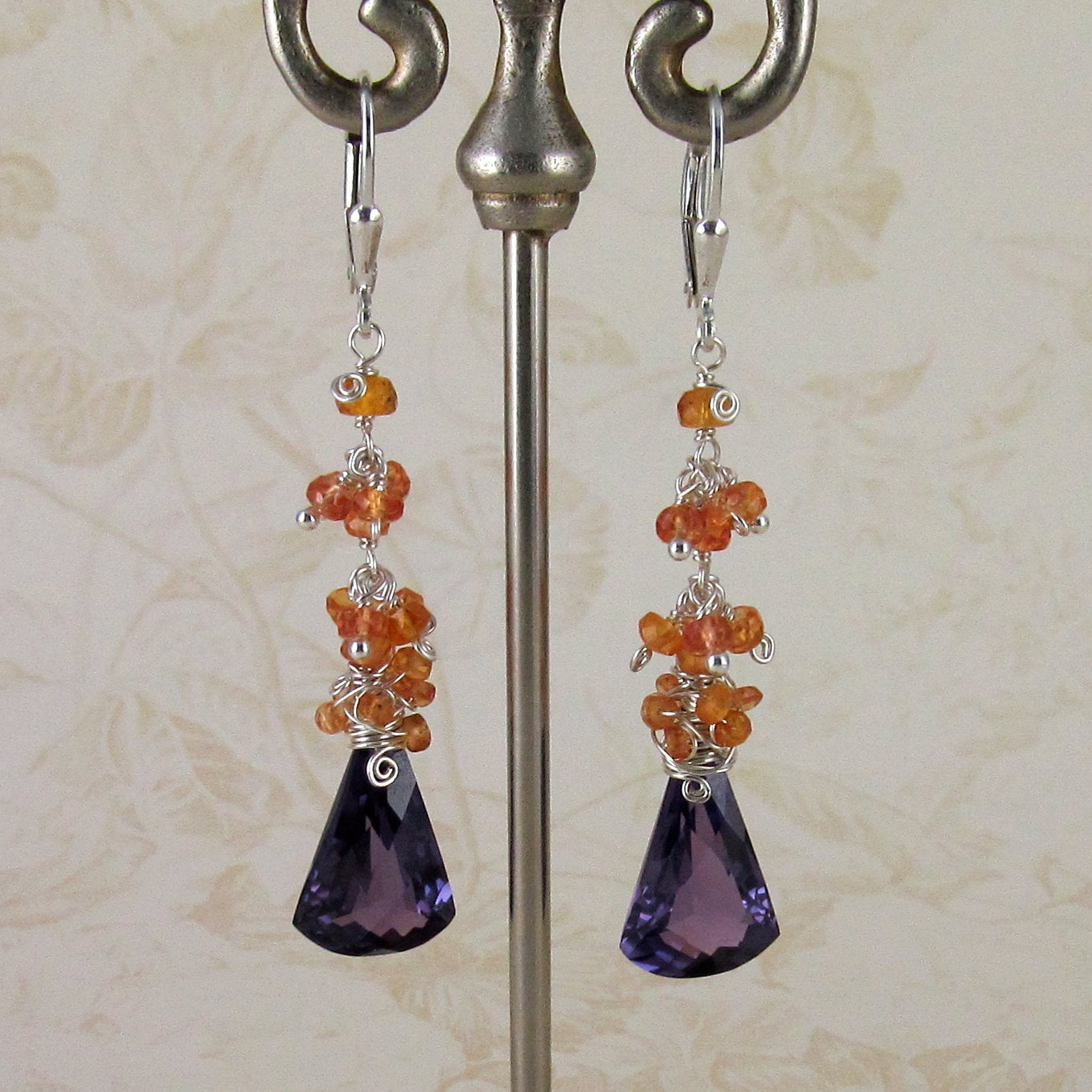 Alexandrite earrings with orange padparadscha sapphire, handmade sterling silver earrings
