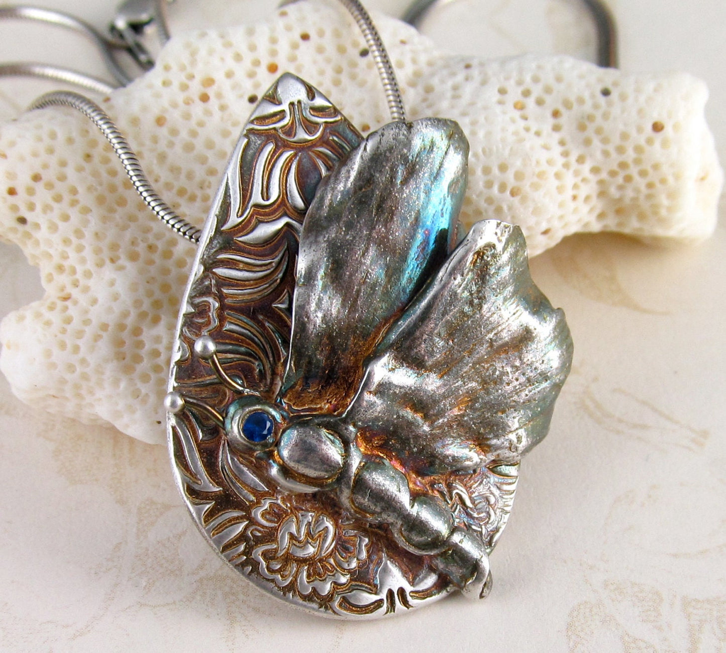 Silver dragonfly pendant, handmade recycled fine silver gingko leaf dragonfly # 2 with blue sapphire-OOAK