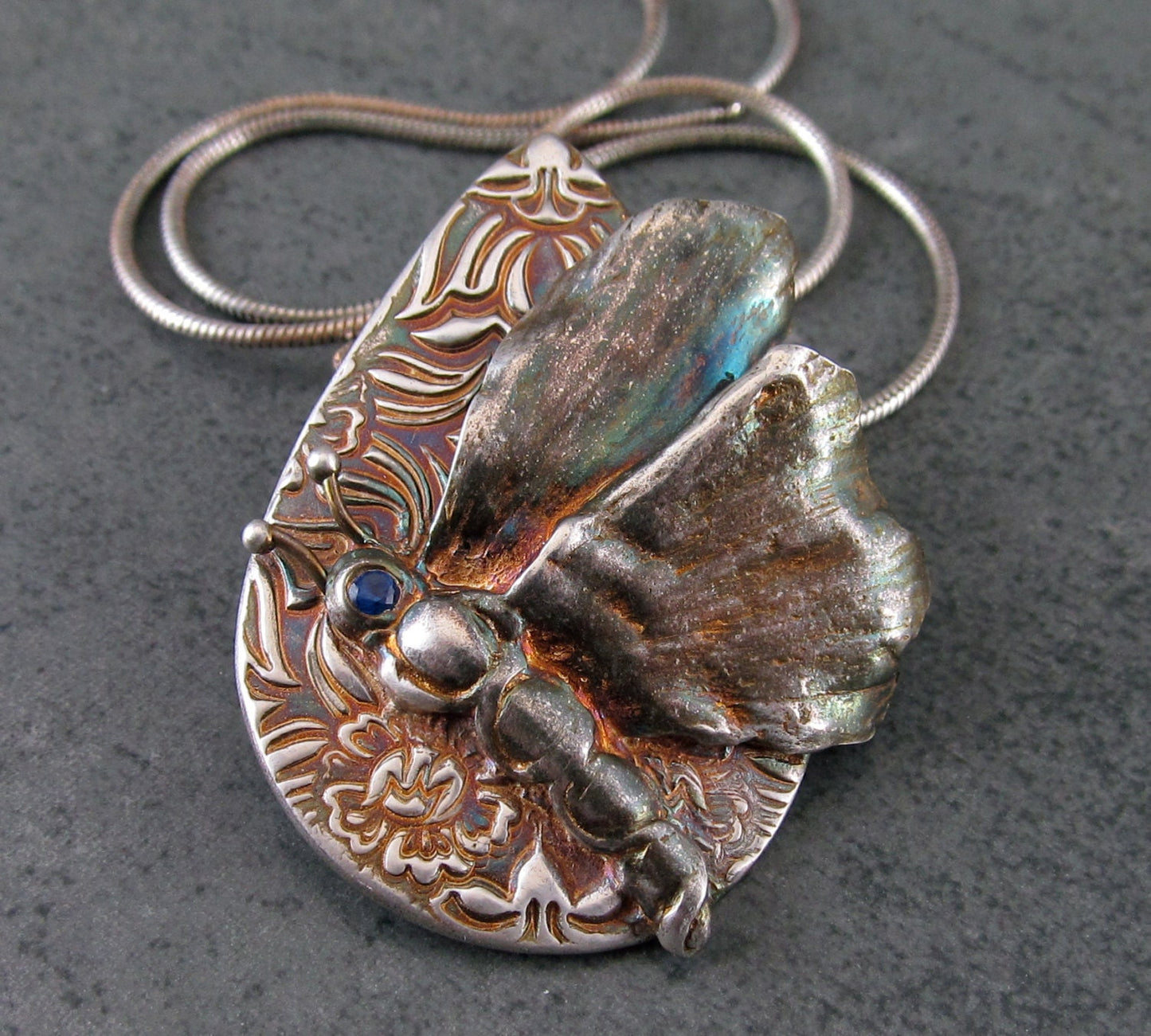 Silver dragonfly pendant, handmade recycled fine silver gingko leaf dragonfly # 2 with blue sapphire-OOAK