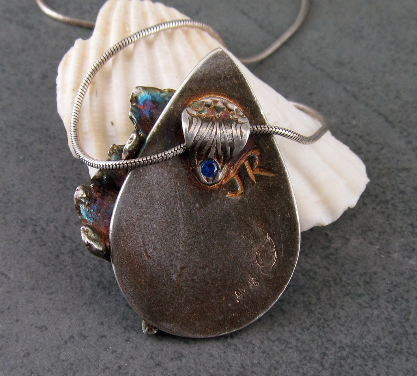 Silver dragonfly pendant, handmade recycled fine silver gingko leaf dragonfly # 2 with blue sapphire-OOAK