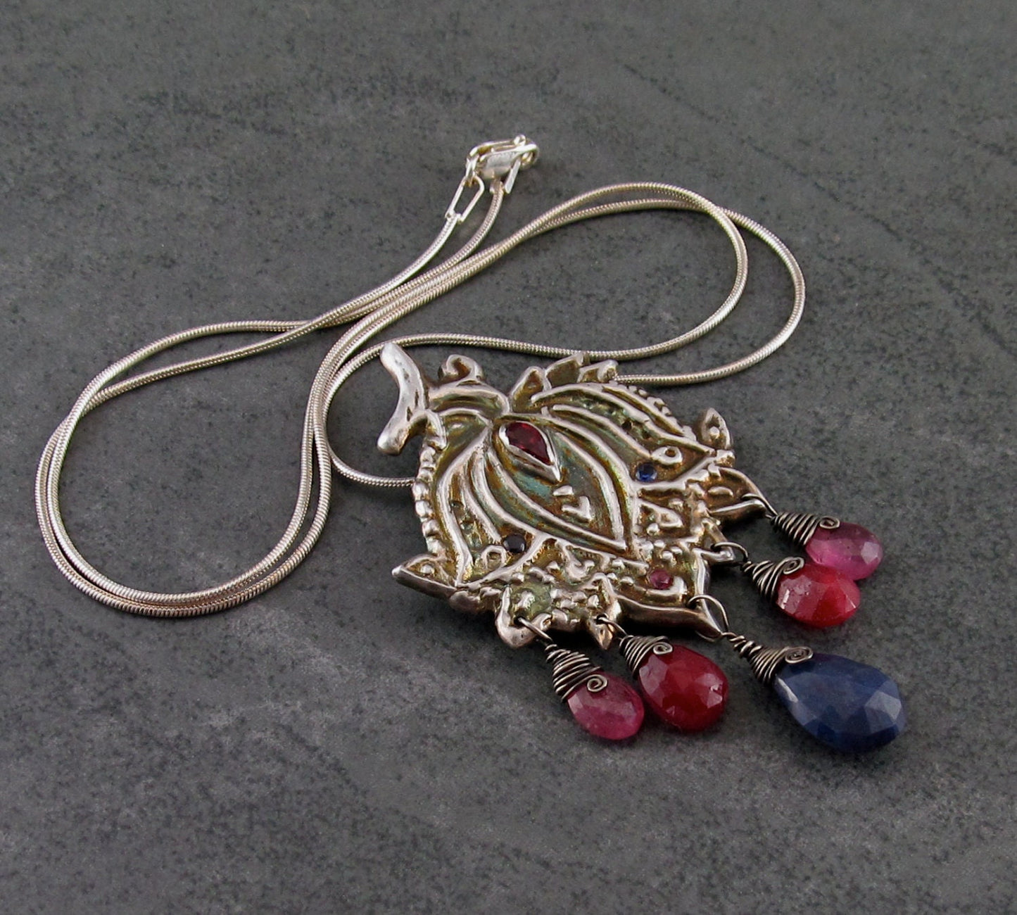 Paisley lotus pendant, handmade eco friendly fine silver, ruby, sapphire necklace-Bollywood OOAK