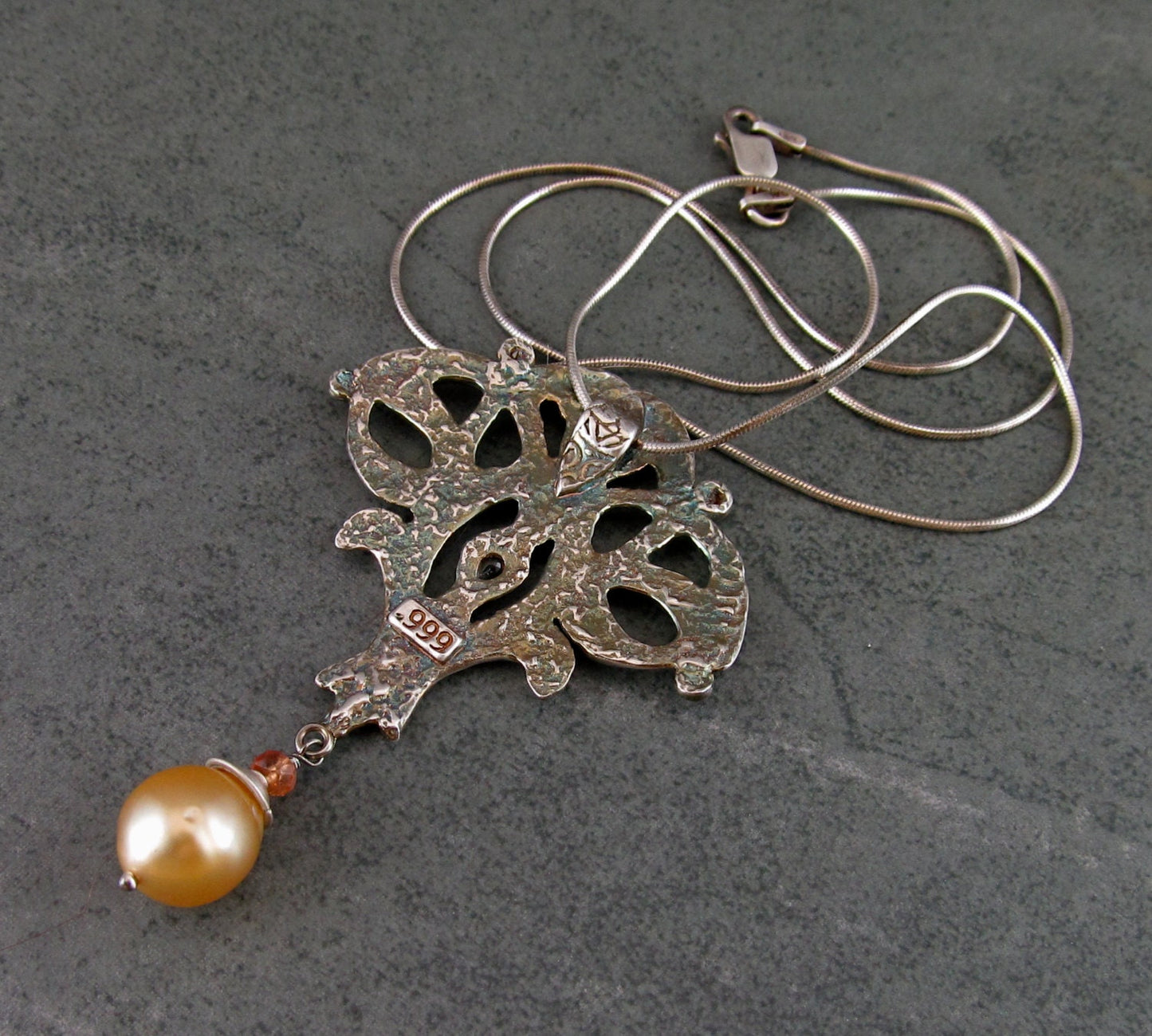 Songea sapphire pendant, handmade recycled fine silver w/ gold South Sea pearl, Edwardian style necklace-OOAK