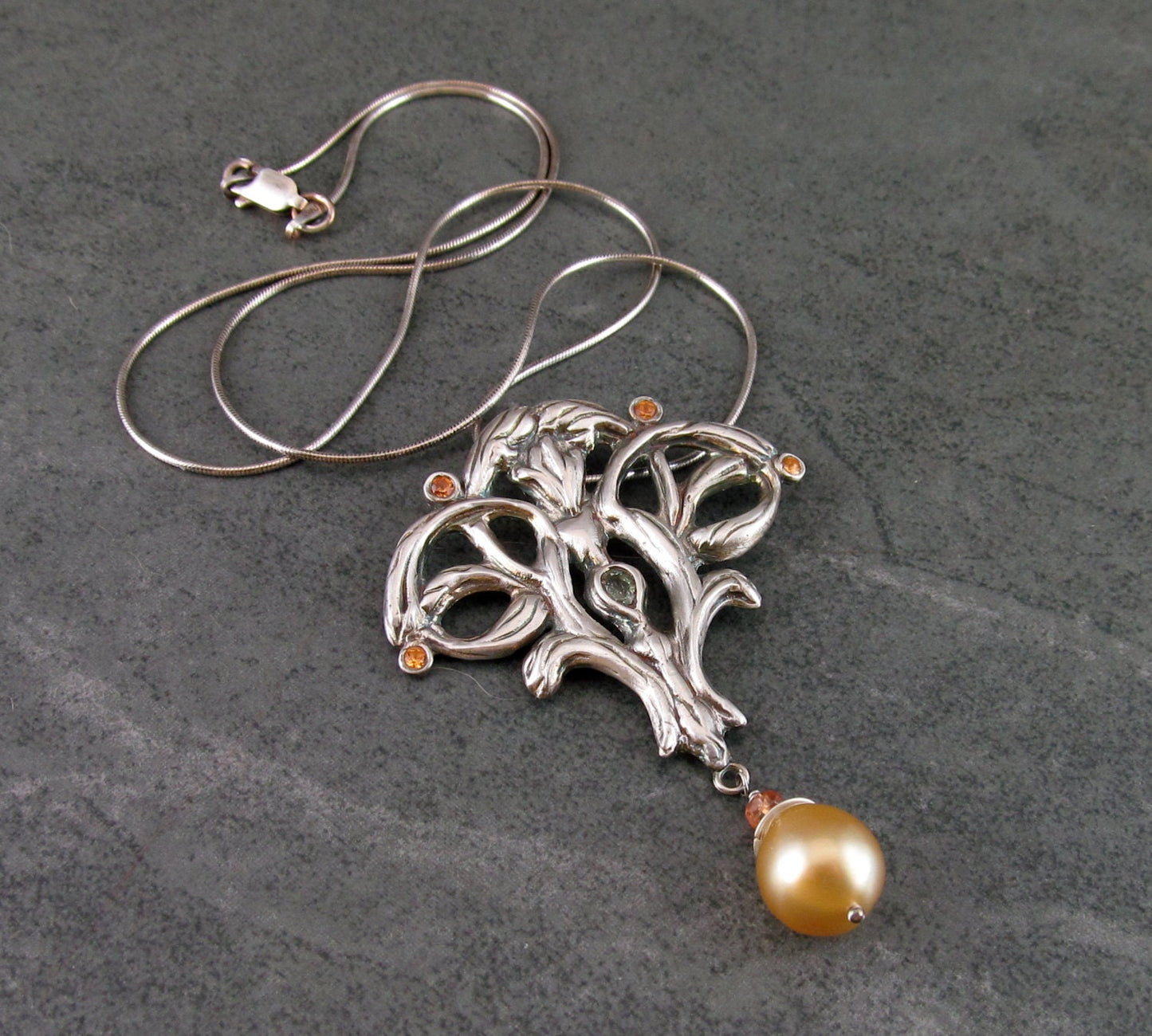 Songea sapphire pendant, handmade recycled fine silver w/ gold South Sea pearl, Edwardian style necklace-OOAK