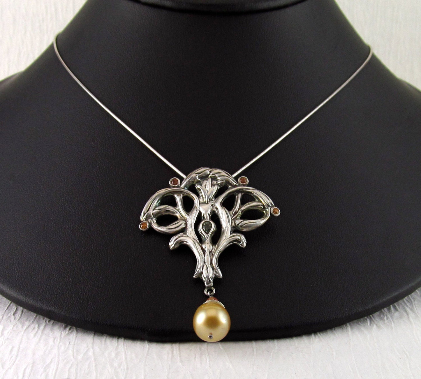 Songea sapphire pendant, handmade recycled fine silver w/ gold South Sea pearl, Edwardian style necklace-OOAK