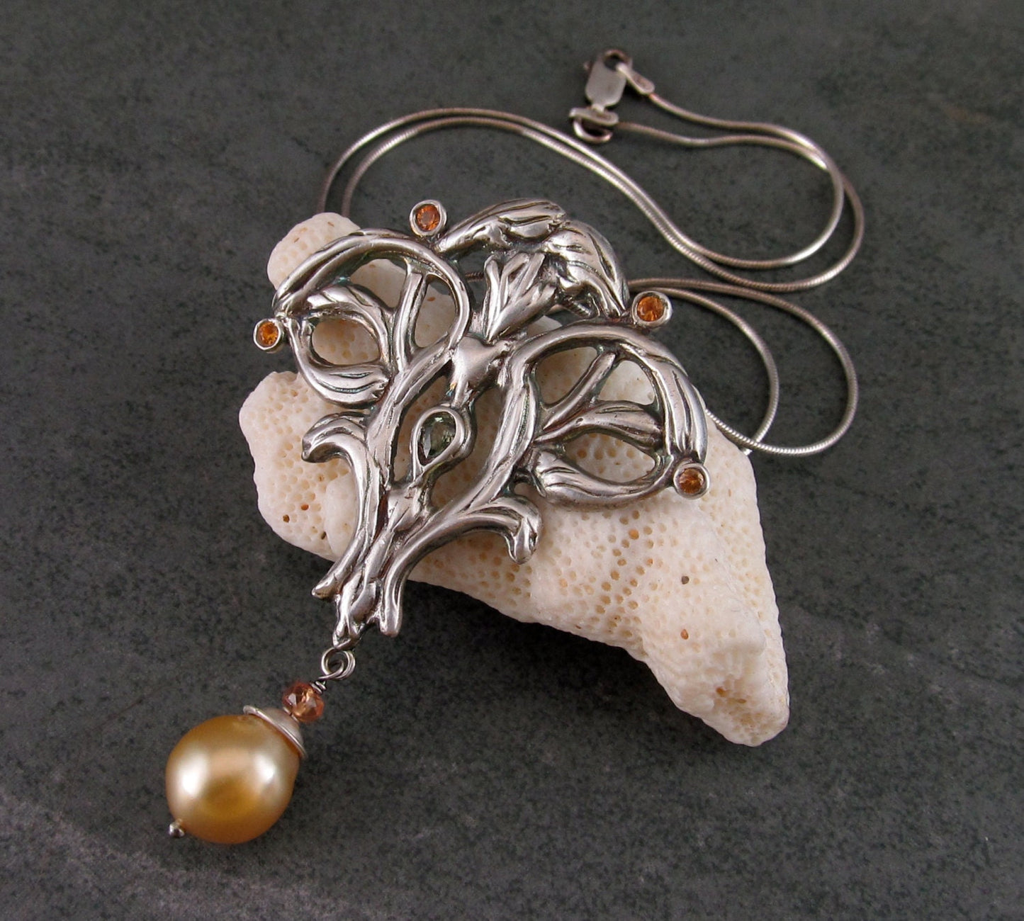 Songea sapphire pendant, handmade recycled fine silver w/ gold South Sea pearl, Edwardian style necklace-OOAK
